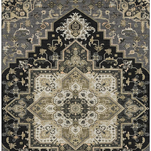 8' X 10' Black Gold And Beige Oriental Washable Area Rug With UV Protection
