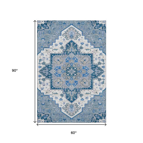 5' X 8' Blue Ivory And Gray Oriental Washable Area Rug With UV Protection