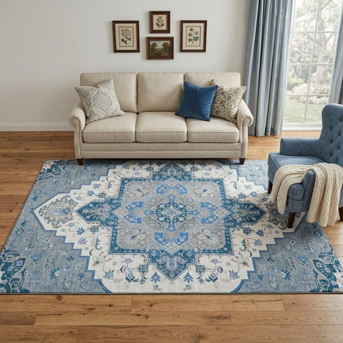 5' X 8' Blue Ivory And Gray Oriental Washable Area Rug With UV Protection