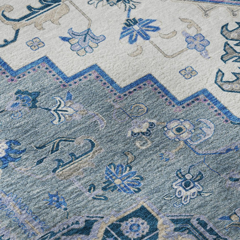 5' X 8' Blue Ivory And Gray Oriental Washable Area Rug With UV Protection