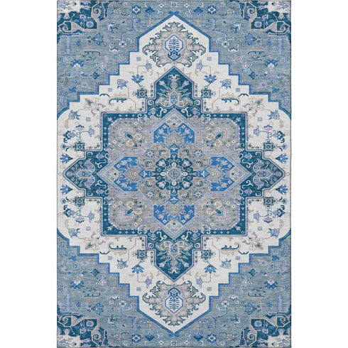 5' X 8' Blue Ivory And Gray Oriental Washable Area Rug With UV Protection