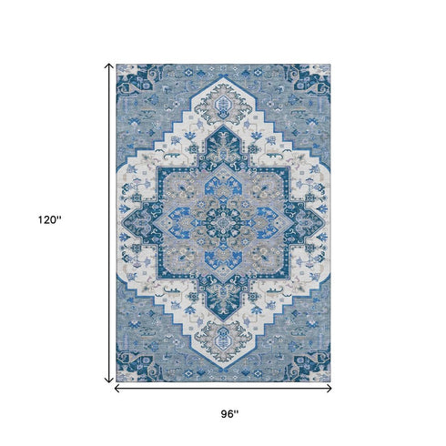 8' X 10' Blue Ivory And Gray Oriental Washable Area Rug With UV Protection