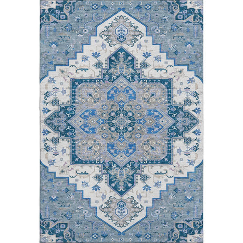 8' X 10' Blue Ivory And Gray Oriental Washable Area Rug With UV Protection