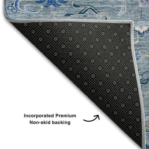 8' X 10' Blue Ivory And Gray Oriental Washable Area Rug With UV Protection
