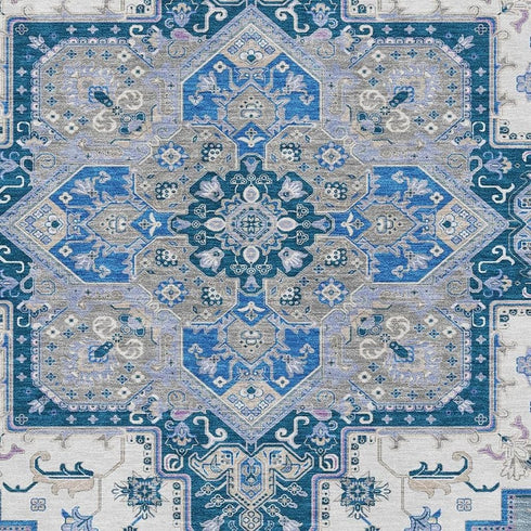 8' X 10' Blue Ivory And Gray Oriental Washable Area Rug With UV Protection