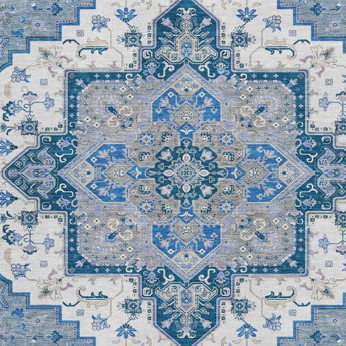 8' X 10' Blue Ivory And Gray Oriental Washable Area Rug With UV Protection