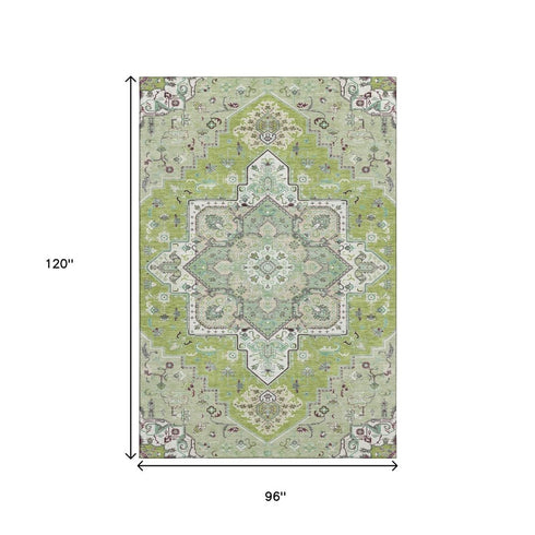 8' X 10' Green Ivory And Gray Oriental Washable Area Rug With UV Protection