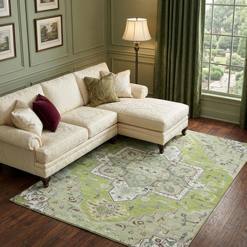 8' X 10' Green Ivory And Gray Oriental Washable Area Rug With UV Protection