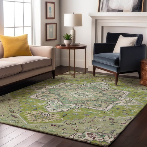 8' X 10' Green Ivory And Gray Oriental Washable Area Rug With UV Protection