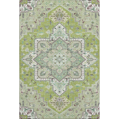8' X 10' Green Ivory And Gray Oriental Washable Area Rug With UV Protection