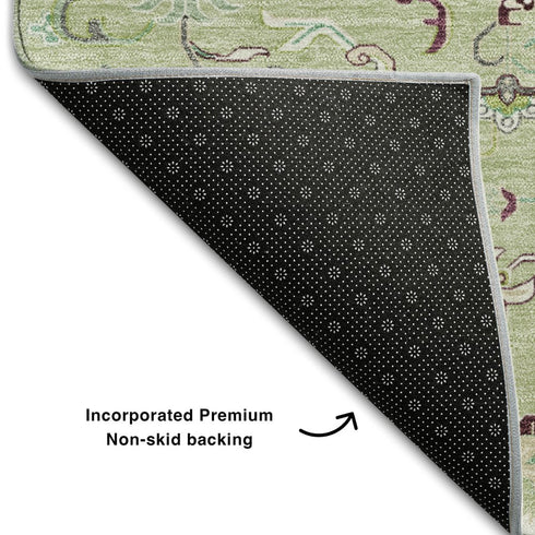 8' X 10' Green Ivory And Gray Oriental Washable Area Rug With UV Protection