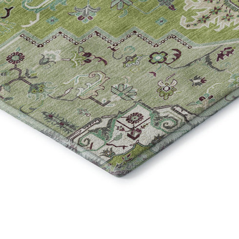 8' X 10' Green Ivory And Gray Oriental Washable Area Rug With UV Protection