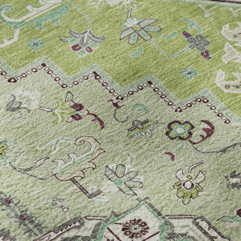 8' X 10' Green Ivory And Gray Oriental Washable Area Rug With UV Protection