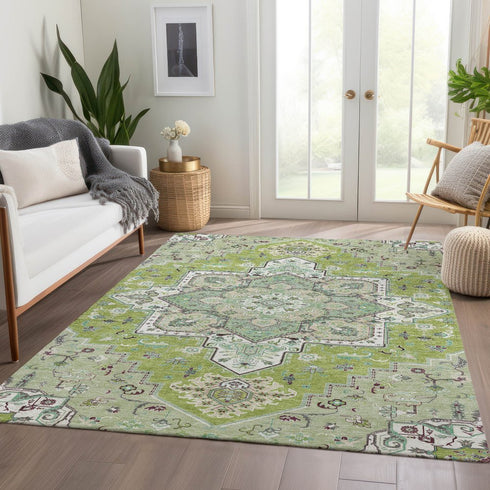 8' X 10' Green Ivory And Gray Oriental Washable Area Rug With UV Protection