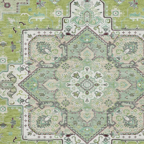 8' X 10' Green Ivory And Gray Oriental Washable Area Rug With UV Protection