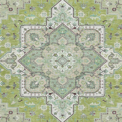 8' X 10' Green Ivory And Gray Oriental Washable Area Rug With UV Protection