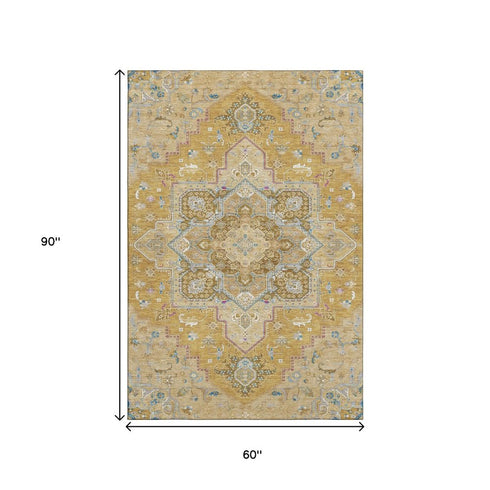 5' X 8' Gold Blue And Gray Oriental Washable Area Rug With UV Protection