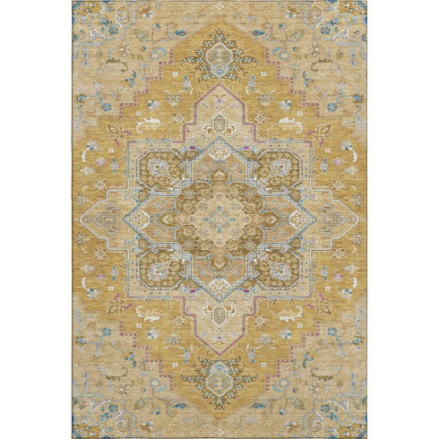 5' X 8' Gold Blue And Gray Oriental Washable Area Rug With UV Protection