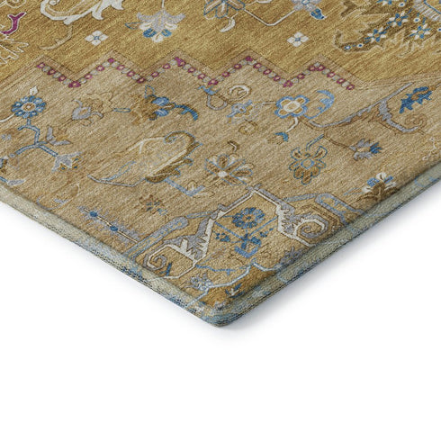 5' X 8' Gold Blue And Gray Oriental Washable Area Rug With UV Protection