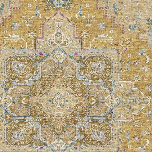 5' X 8' Gold Blue And Gray Oriental Washable Area Rug With UV Protection