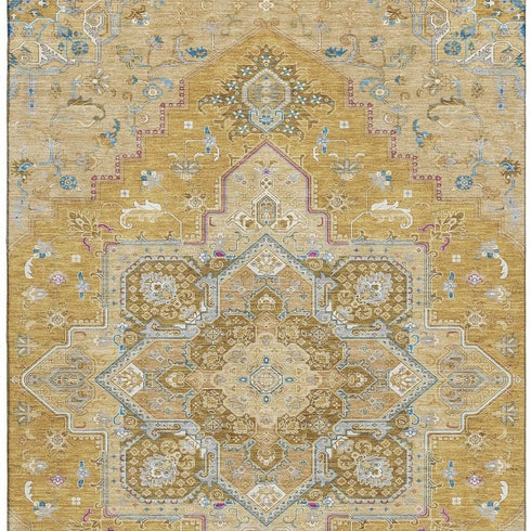 5' X 8' Gold Blue And Gray Oriental Washable Area Rug With UV Protection