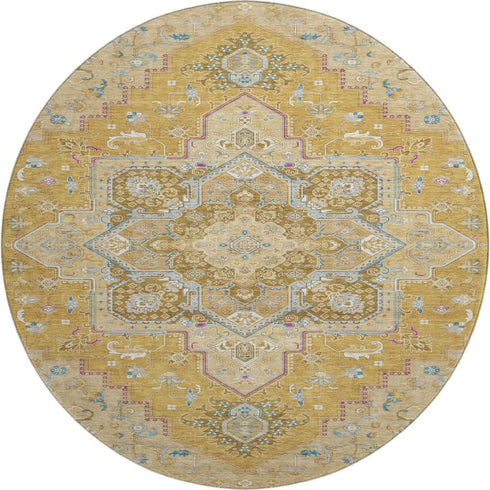 8' Gold Blue And Gray Oriental Washable Round Rug With UV Protection