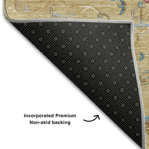 8' Gold Blue And Gray Oriental Washable Round Rug With UV Protection