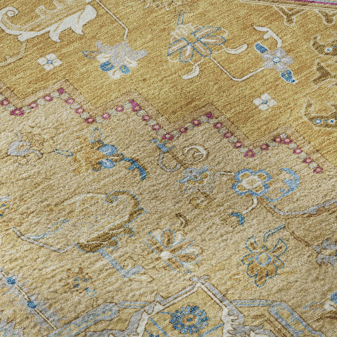 8' Gold Blue And Gray Oriental Washable Round Rug With UV Protection