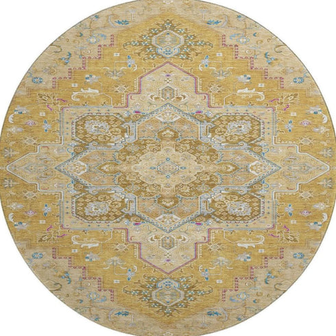 8' Gold Blue And Gray Oriental Washable Round Rug With UV Protection