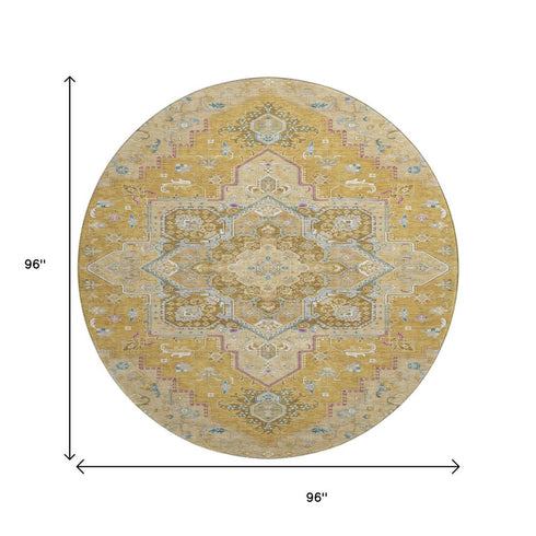 8' Gold Blue And Gray Oriental Washable Round Rug With UV Protection
