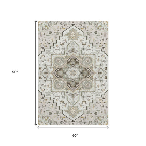 5' X 8' Ivory Gray And Beige Oriental Washable Area Rug With UV Protection
