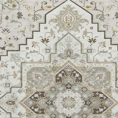 5' X 8' Ivory Gray And Beige Oriental Washable Area Rug With UV Protection