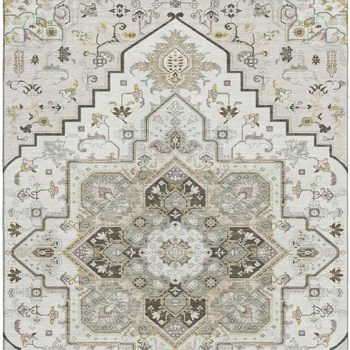 5' X 8' Ivory Gray And Beige Oriental Washable Area Rug With UV Protection