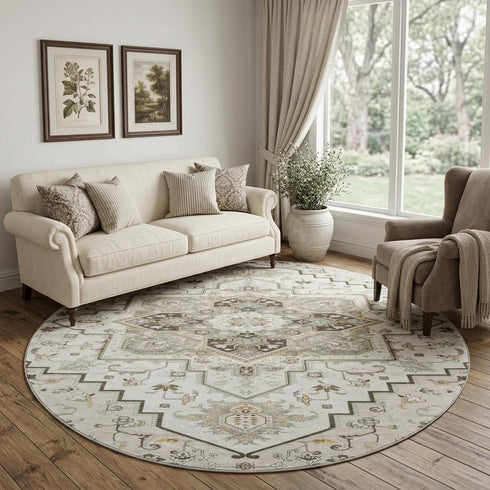 8' Ivory Gray And Beige Oriental Washable Round Rug With UV Protection