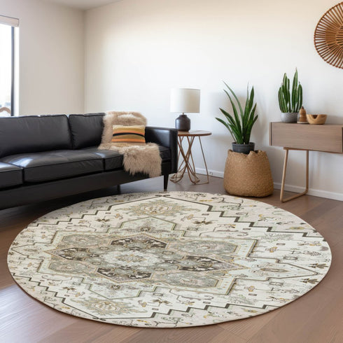 8' Ivory Gray And Beige Oriental Washable Round Rug With UV Protection