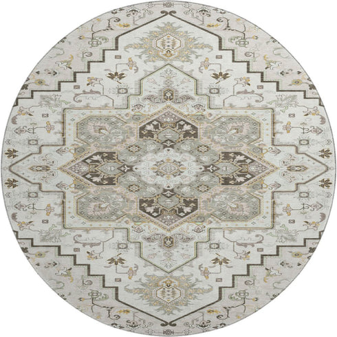 8' Ivory Gray And Beige Oriental Washable Round Rug With UV Protection