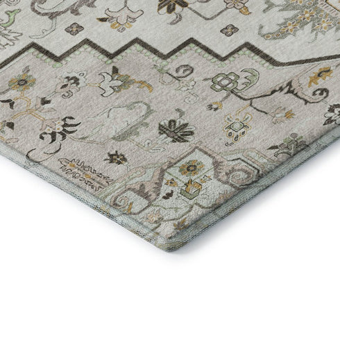 8' Ivory Gray And Beige Oriental Washable Round Rug With UV Protection