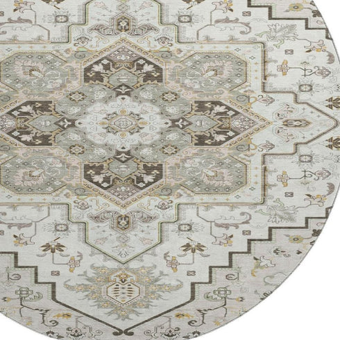 8' Ivory Gray And Beige Oriental Washable Round Rug With UV Protection