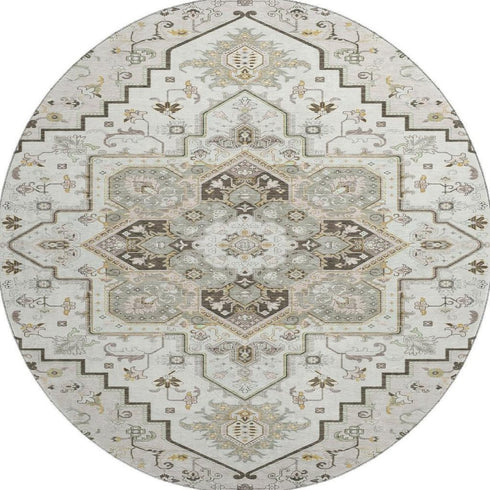 8' Ivory Gray And Beige Oriental Washable Round Rug With UV Protection