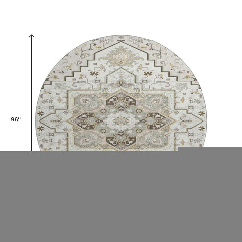 8' Ivory Gray And Beige Oriental Washable Round Rug With UV Protection