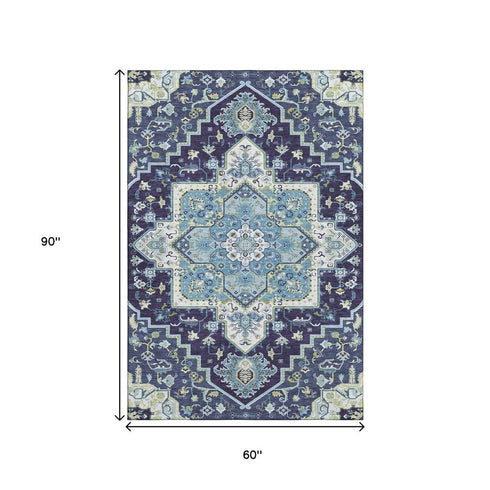 5' X 8' Navy Blue Ivory And Olive Green Oriental Washable Area Rug With UV Protection