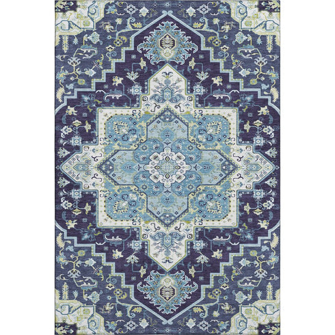 5' X 8' Navy Blue Ivory And Olive Green Oriental Washable Area Rug With UV Protection