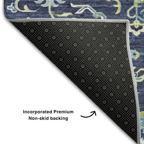 5' X 8' Navy Blue Ivory And Olive Green Oriental Washable Area Rug With UV Protection
