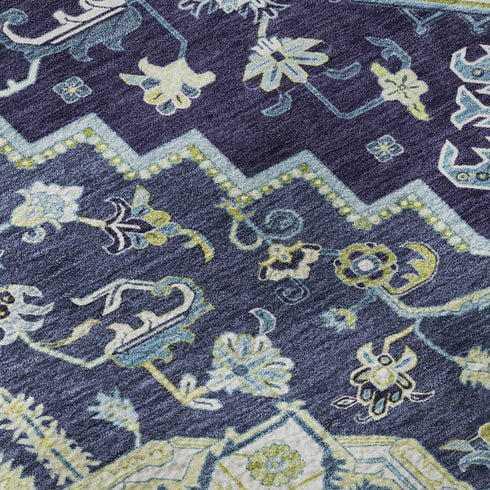 5' X 8' Navy Blue Ivory And Olive Green Oriental Washable Area Rug With UV Protection