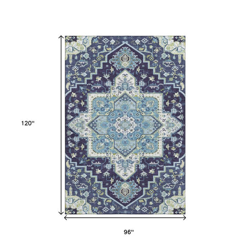 8' X 10' Navy Blue Ivory And Olive Green Oriental Washable Area Rug With UV Protection