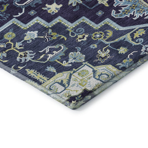 8' X 10' Navy Blue Ivory And Olive Green Oriental Washable Area Rug With UV Protection
