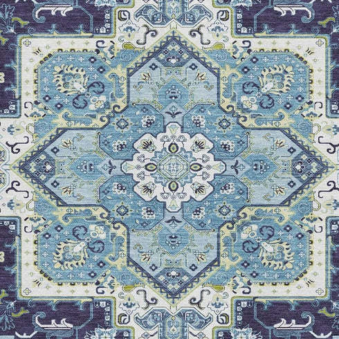 8' X 10' Navy Blue Ivory And Olive Green Oriental Washable Area Rug With UV Protection