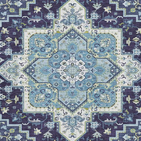 8' X 10' Navy Blue Ivory And Olive Green Oriental Washable Area Rug With UV Protection