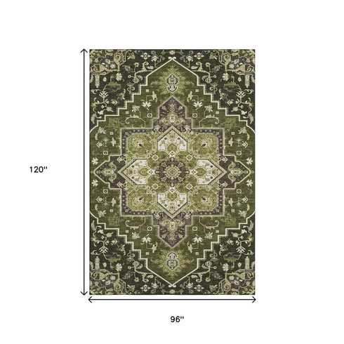 8' X 10' Olive Green Ivory And Beige Oriental Washable Area Rug With UV Protection