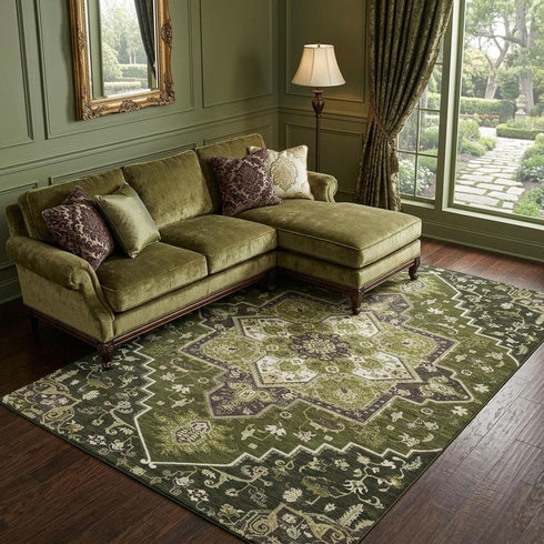 8' X 10' Olive Green Ivory And Beige Oriental Washable Area Rug With UV Protection